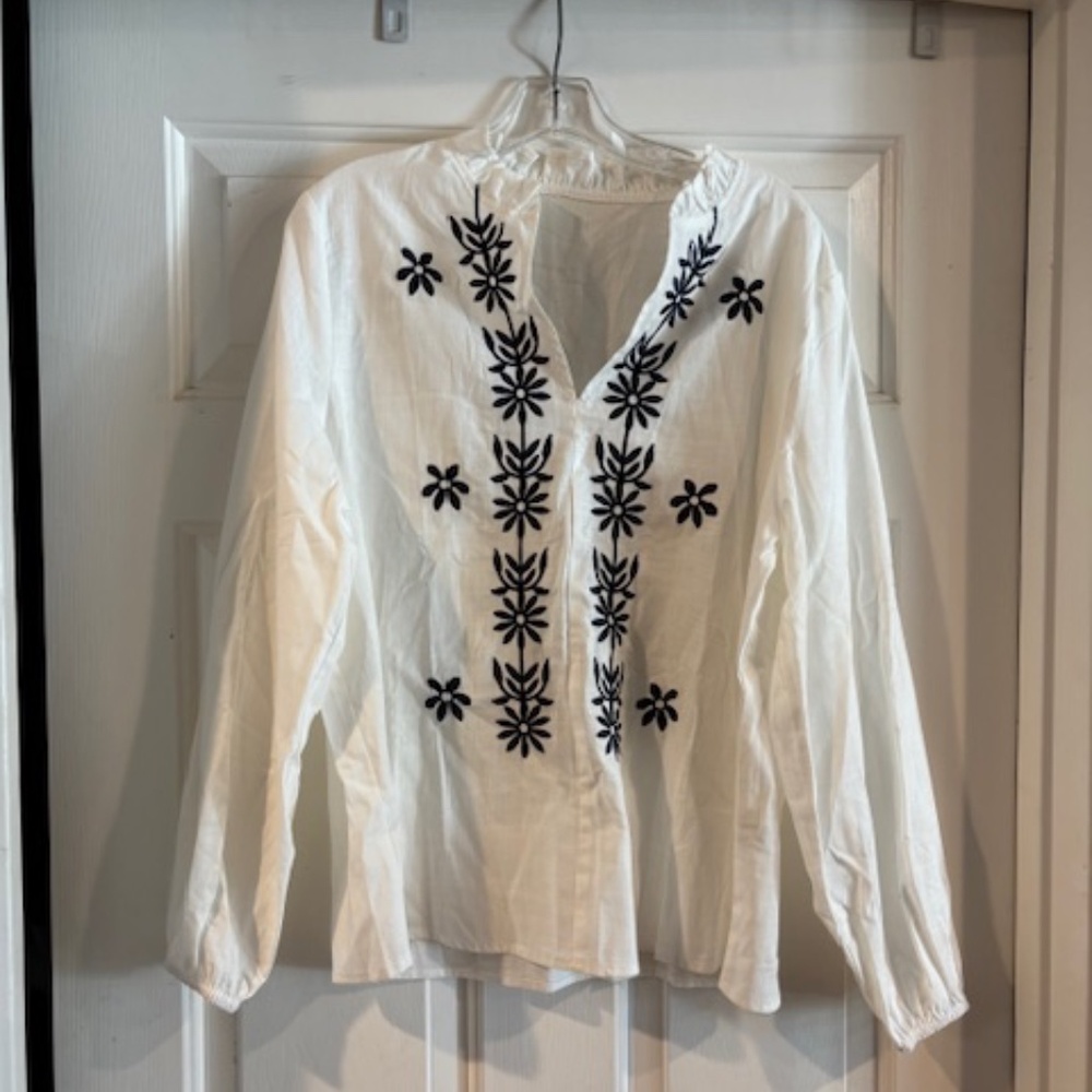 New Embroidered 100% cotton shirt- Off white and Dark blue